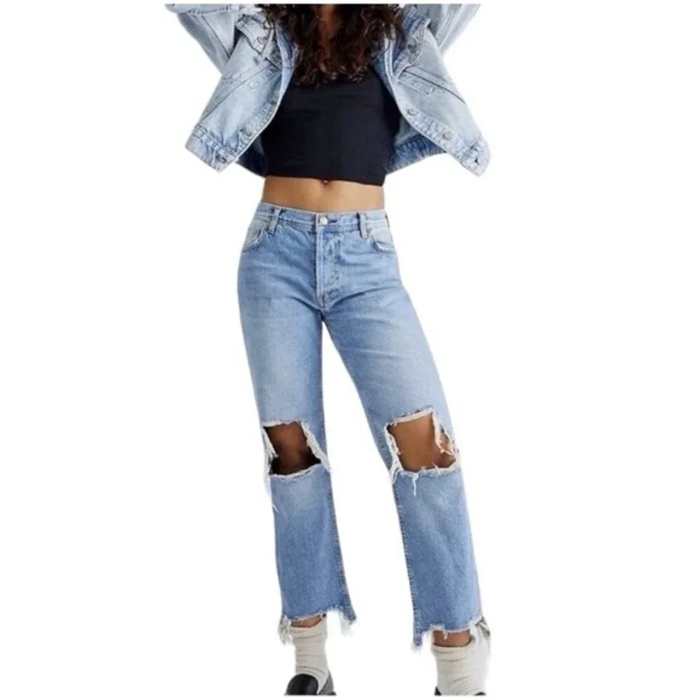 Free People We the Free Maggie Straight Leg Distressed Jeans Women 25 Button Fly